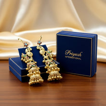 Traditional Kashmiri Handcrafted Multicolor Peacock-Motif Layered Jhumka Earrings with Floral Detailing and Golden Ghungroo Drops