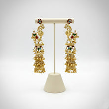 Traditional Kashmiri Handcrafted Multicolor Peacock-Motif Layered Jhumka Earrings with Floral Detailing and Golden Ghungroo Drops