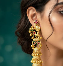 Traditional Kashmiri Handcrafted Peacock & Floral Motif Layered Jhumka Earrings with Ruby Red and Emerald Green Enamel, Antique Gold Finish and Ghungroo Drops
