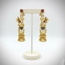 Traditional Kashmiri Handcrafted Peacock & Floral Motif Layered Jhumka Earrings with Ruby Red and Emerald Green Enamel, Antique Gold Finish and Ghungroo Drops