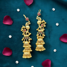Traditional Kashmiri Handcrafted Peacock & Floral Motif Layered Jhumka Earrings with Ruby Red and Emerald Green Enamel, Antique Gold Finish and Ghungroo Drops