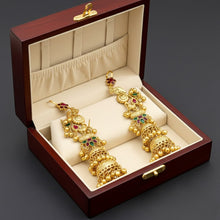 Traditional Kashmiri Handcrafted Peacock & Floral Motif Layered Jhumka Earrings with Ruby Red and Emerald Green Enamel, Antique Gold Finish and Ghungroo Drops