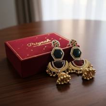 Kashmiri Green Red Meenakari Hexagon Jhumka Earrings with Antique Gold Ghungroo Drops