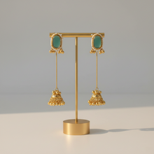 Kashmiri Sea Green Stone Pearl Border Long Chain Jhumka Earrings in Antique Gold Finish