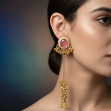 Pink Stone Kashmiri Long Tassel Earrings | Antique Gold Finish Traditional Ethnic Earrings for Women