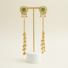 Antique Gold Green Meenakari Floral Stud Long Tassel Earrings with Ghungroo Drops