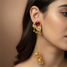 Antique Gold Peacock Design Red Stone Long Jhumka Tassel Earrings with Ghungroo Beads – Traditional Ethnic Wedding Jewelry