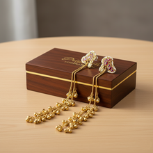 Handcrafted Kashmiri Jhumka Earrings with Ruby Enamel & Golden Bead Tassels