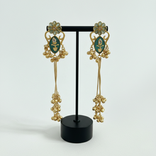 Antique Gold Green Meenakari Floral Long Tassel Earrings with Ghungroo Drops