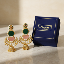 Kashmiri Green Pink Stone Layered Jhumka Earrings with Pearl Border and Antique Gold Finish
