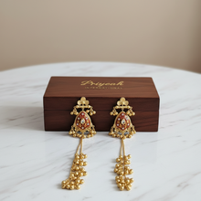 Antique Gold Red Meenakari Teardrop Long Tassel Earrings with Kundan Stone & Ghungroo Drops
