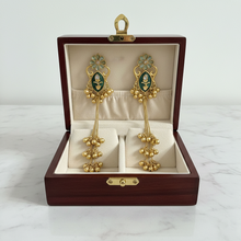 Antique Gold Green Meenakari Floral Long Tassel Earrings with Ghungroo Drops