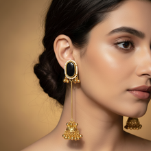 Kashmiri Black Stone Pearl Border Long Chain Jhumka Earrings in Antique Gold Finish