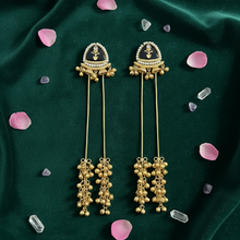 Antique Gold Black Meenakari Long Tassel Earrings with Pearl Border and Ghungroo Drops