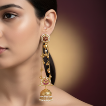 Kashmiri Ruby Floral Long Chain Jhumka Earrings with Pearl Bead Detailing in Antique Gold