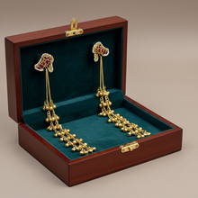 Handcrafted Kashmiri Jhumka Earrings with Ruby Enamel & Golden Bead Tassels