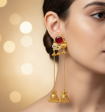 Kashmiri Ruby Stone Peacock Long Chain Jhumka Earrings in Antique Gold Finish