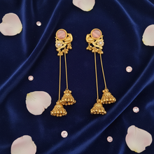 Kashmiri Rose Stone Peacock Long Chain Jhumka Earrings in Antique Gold Finish