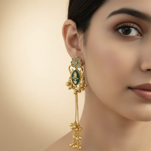 Antique Gold Green Meenakari Floral Long Tassel Earrings with Ghungroo Drops