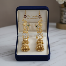 Royal Kashmiri Peacock Motif Long Layered Jhumka Earrings with Ghungroo Detailing in Antique Gold