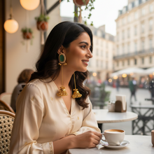 Kashmiri Sea Green Stone Pearl Border Long Chain Jhumka Earrings in Antique Gold Finish