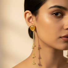 Kashmiri Honey Amber Stone Long Chain Ghungroo Earrings in Antique Gold Finish