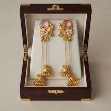 Kashmiri Rose Stone Peacock Long Chain Jhumka Earrings in Antique Gold Finish