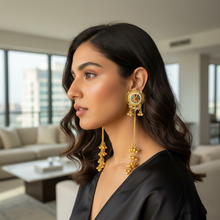 Royal Kashmiri Floral Enamel Long Chain Jhumka Earrings in Antique Gold Finish