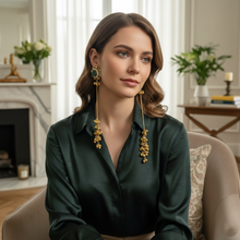 Antique Gold Green Meenakari Floral Long Tassel Earrings with Ghungroo Drops