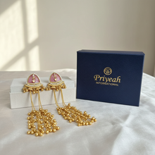 Antique Gold Pink Meenakari Triangle Stud Long Tassel Earrings with Ghungroo Drops