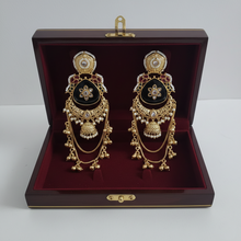 Black Stone Antique Gold Layered Jhumka Earrings with Meenakari & Chain Tassels