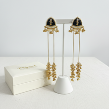 Antique Gold Black Meenakari Long Tassel Earrings with Pearl Border and Ghungroo Drops