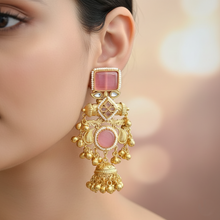 Royal Kashmiri Pink Stone Heavy Jhumka Earrings with Antique Gold Finish