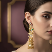 Royal Kashmiri Peacock Motif Long Layered Jhumka Earrings with Ghungroo Detailing in Antique Gold