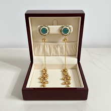 Antique Gold Green Meenakari Floral Long Tassel Earrings with Ghungroo Drops