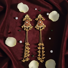 Antique Gold Red Meenakari Teardrop Long Tassel Earrings with Kundan Stone & Ghungroo Drops