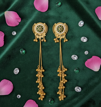 Kashmiri Green Enamel Floral Long Chain Jhumka Earrings with Antique Gold Finish