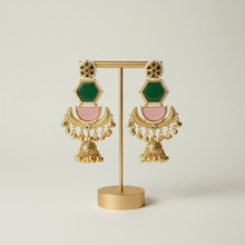 Kashmiri Green Pink Stone Layered Jhumka Earrings with Pearl Border and Antique Gold Finish