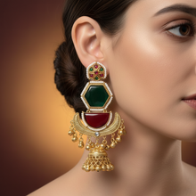 Kashmiri Green Red Meenakari Hexagon Jhumka Earrings with Antique Gold Ghungroo Drops