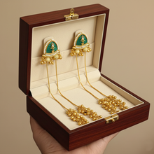 Antique Gold Green Meenakari Triangle Stud Long Tassel Earrings with Ghungroo Drops
