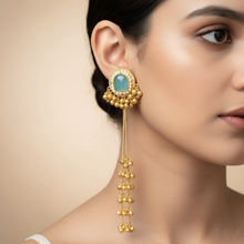 Antique Gold Green Stone Long Tassel Earrings with Ghungroo Drops