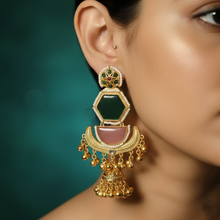Kashmiri Green Pink Stone Layered Jhumka Earrings with Pearl Border and Antique Gold Finish