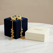 Antique Gold Green Meenakari Floral Stud Long Tassel Earrings with Ghungroo Drops