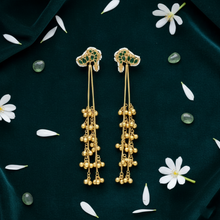 Handcrafted Kashmiri Long Tassel Earrings with Green Enamel and Golden Beads