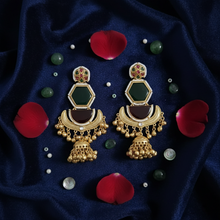 Kashmiri Green Red Meenakari Hexagon Jhumka Earrings with Antique Gold Ghungroo Drops