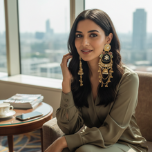 Black Stone Antique Gold Layered Jhumka Earrings with Meenakari & Chain Tassels