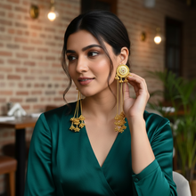 Handcrafted Kashmiri Long Chain Jhumka Earrings in Antique Gold Finish