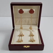 Ruby Red Triangle Stud Long Chain Drop Earrings with Gold Ghungroo Tassels