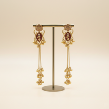 Antique Gold Floral Red Meenakari Long Tassel Earrings with Ghungroo Drops