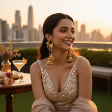 Kashmiri Emerald Green Stone Peacock Long Chain Jhumka Earrings in Antique Gold Finish